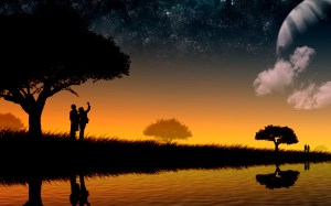 Lakeshore, sunset, couple