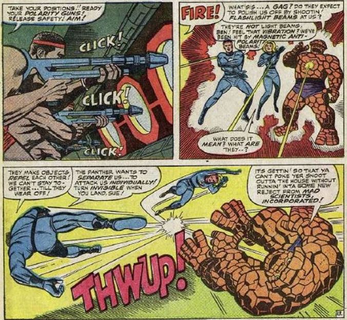 3-panel action scene from Fantastic Four number 52